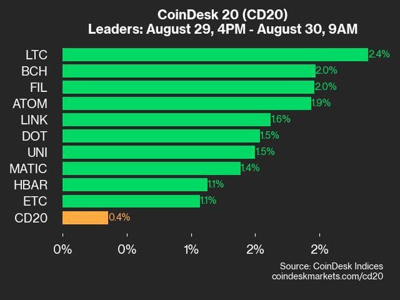 CoinDesk 20 Performance Update: LTC and BCH Lead as Index Gains 0.4%