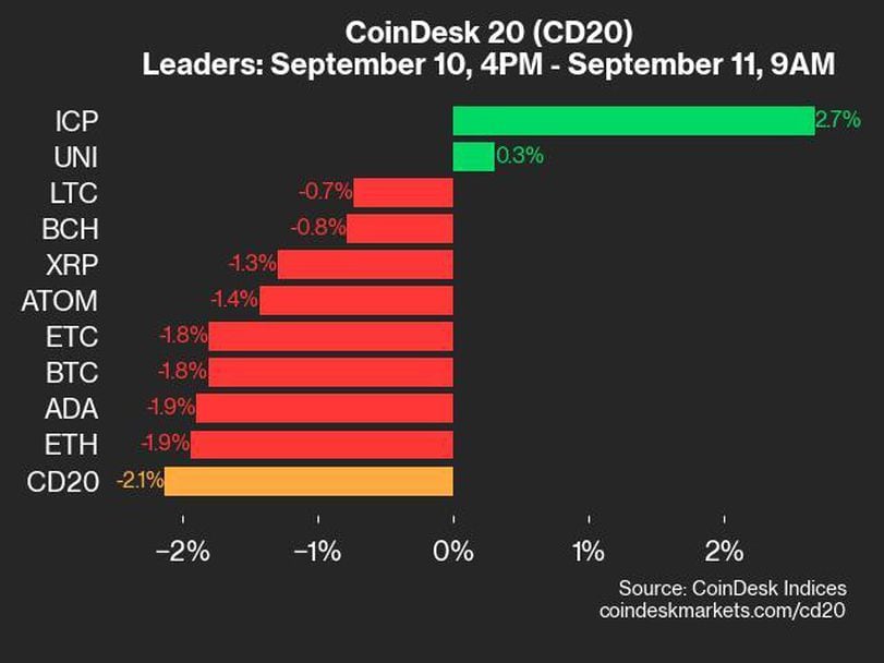 CoinDesk 20 Performance Update: Index Falls 2.1% with Only Two Gainers